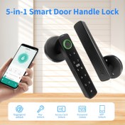Resim 5’i 1 Arada Biyometrik Akıllı Kapı Kilidi - Parmak İzi, Anahtarsız Giriş Kolu, Uygulama/IC Kart/Sifre/Akıllı Anahtar ile Açma, %99 Doğruluk, Çinko Alaşımlı Siyah Yüzey, Kablosuz USB Şarjlı, Ev/Ofis/Otel için, Dayanıklı Yapı, Şık Tasarım, Teknoloji Meraklıları İçin 