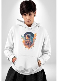 Resim Bulutlar Astronot Uzay Kadın Erkek Beyaz Kapüşonlu Sweatshirt Hoodie Beyaz 