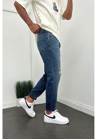 Resim Boyfriend Koyu Mavi Taşlamalı Yırtık Modelli Kot Erkek Pantolon Koyu Mavi 