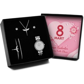Resim 8 Mart Kadınlar Gününe Özel Tasarımlı Kutulu Melek Kolye & Melek Bileklik & Zirkon Taşlı Bileklik & Küpe & Saat Seti 