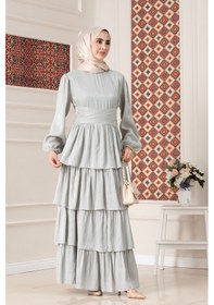 Resim Kat Detaylı Beli Kemerli Alina Tesettür Abiye-mint Yeşili-5750 