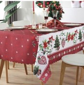 Resim Noel Restoran Partisi İçin 150x180cm Su Geçirmez Polyester Dalgalı Kenar Dekoratif Dikdörtgen Masa Örtüsü Kırmızı Çok Renkli Çok Renkli 