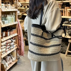 Resim Geniş Boho Şık Çizgili Dokuma Tote Çanta - Kırışıklık Dirençli Kumaş, Kadınlar için Siyah ve Beyaz Tasarımlı Geniş Omuz Plaj & Alışveriş Çantası, Plaj Çantası 