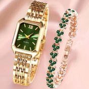 Resim Günlük Kullanım ve Hediye İçin Uygun, 2 Adet Şık Kadınlar için Roma Rakamlı Kare Kuvars Saat ve Kalp Bilezik Seti 