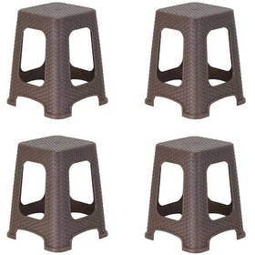 Resim Plastik Rattan Hasır Desenli Büyük Tabure 4 Lü Set 