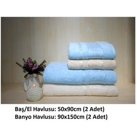 Resim Polo Life 4 Parça Bamboo Hamam Seti Büyük Boy , Banyo Havlu Takımı-krem Turkuaz Krem - Turkuaz 