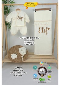 Resim Gros Shop Müslin Yeni Doğan 4katlı Organik %100pamuk Kişiye Özgü Nakışlı Hastane Çıkış Seti Kalpli Model-8 Ekru-2 