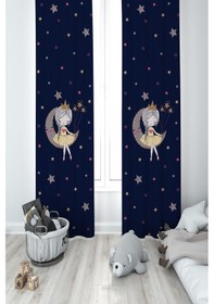 Resim Mekta Home Bebek Ve Çocuk Odası Ayda Oturan Prenses Kız Desenli Lacivert 2 Kanat Fon Perde 