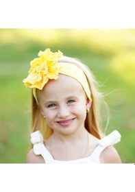 Resim Kız Bebek Çocuk Çiçek Detaylı El Yapımı Yumuşak Esnek Pamuklu Penye Saç Bandı - 6 - 9 Yaş / Sarı Sarı 