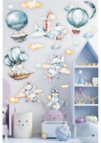 Resim MSticker Sevimli Uçan Balonlar Bulutlar Ve Hayvanlar Çocuk Bebek Odası Sticker Seti 