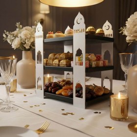 Resim Ramazan İkramlık Servis Standı - 3 Katlı Ahşap Raflı Metal Sunumluk - Altın Metal ve Siyah Raf 