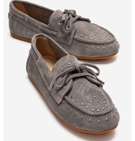 Resim Luvishoes Cuesta Gri Süet Hakiki Deri Troklu Bağcıklı Kadın Loafer Ayakkabı 