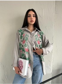 Resim Nakışlı Sarmaşık Desenli Keten Kadın Gömlek 001 