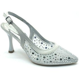 Resim Feles Arkası Açık Şeffaf Taş Detaylı Sindirella Kadın Topuklu Ayakkabı GÜMÜŞ 