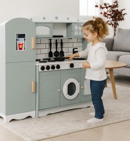 Resim Hedef Vintage Ahşap Oyuncak Mutfak ve Buzdolabı Seti | Montessori Yeşil Çocuk Mutfak | 1 Adet LED Hediyeli 