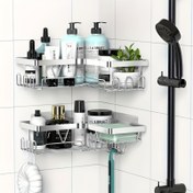 Resim 2 Adet Paslanmaz Çelik Duş Köşe Rafı, Duvar Monte Banyo Rafları, Dayanıklı Alan Tasarrufu Organizer, Çok Fonksiyonlu Depolama Rafı, Taşınabilir Tasarım, Ev Organizasyonu için Delmesiz Kolay Kurulum ile 