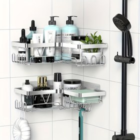 Resim 2 Adet Paslanmaz Çelik Duş Köşe Rafı, Duvar Monte Banyo Rafları, Dayanıklı Alan Tasarrufu Organizer, Çok Fonksiyonlu Depolama Rafı, Taşınabilir Tasarım, Ev Organizasyonu için Delmesiz Kolay Kurulum ile 