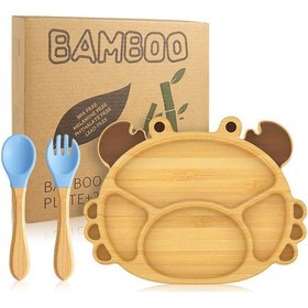 Resim Jeehugo Mavi Yengeç Desenli Bambus Bebek Yemek Tabağı, Çekmeceli Bölmeli, Emici Tabak, Çatal-kaşık Seti - Toksiksiz, Dayanıklı, Kullanıma Güvenli 