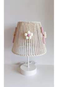 Resim C&A MAKROME İP SARGI PEMBE ÇİÇEK APLİKELİ ÇİÇEK PONPONLU KIZ BEBEK VE ÇOCUK ODASI ABAJUR 