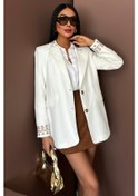 Resim Kadın Beyaz Kruvaze Nakışlı Dokuma Blazer Ceket Beyaz 