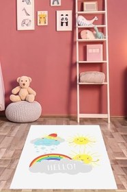 Resim Pelangi Güneş Bulut ve Gökkuşaklı Yıkanabilir Kaymaz Taban Leke Tutmaz Çocuk Odası Halısı, Mavi-Sarı-Beyaz-Gri 60 x 200, 903868014960200 