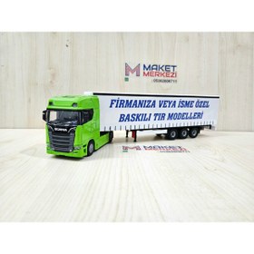Resim Maket 33 cm uzunlukta 1/50 ölçek yeşil SCANIA 770S TIR MAKETİ (firma ismi yazılabilir) 