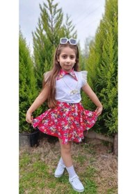 Resim MODAVALS DANTELLİ KOLYELİ ÇİÇEK DESENLİ KIZ ÇOCUK ETEKLİ KOMBİN - KIRMIZI Çok Renkli 