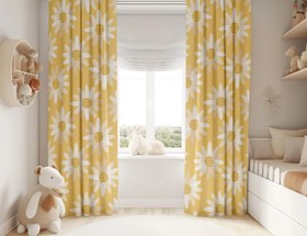 Resim Halı Vagonu HV292 Papatyalar Desen Çocuk Odası Kadife Kumaş Fon Perde - 140x280 / Çift Kanat 