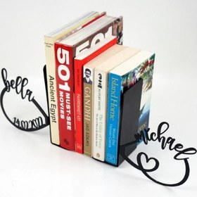 Resim Kişiye Özel Sonsuzluk ve Kalp Temalı Metal Kitap Tutucu & Bookend - Siyah 