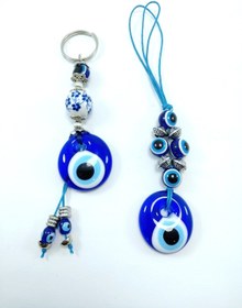 Resim Ennea Art Nazar Boncuğu Anahtarlık + Beş Gözlü Araba Dikiz Ayna Süsü El Yapımı Cam Hediyelik Set 