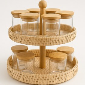 Resim Doğal Rattan Sunum Standı, Handmade, 2 Katlı 