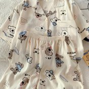 Resim Spotlight Kadınlar için Yüksek Kaliteli Esnemez Şeftali Renkli Yazlık Kısa Kollu Şortlu Sevimli Karikatür İnternet Ünlüsü Stili İnce Ev Giyimi Rahat İki Parçalı Açık Hırka Pijama Takımı 