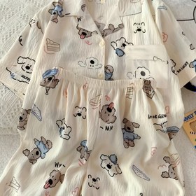 Resim Spotlight Kadınlar için Yüksek Kaliteli Esnemez Şeftali Renkli Yazlık Kısa Kollu Şortlu Sevimli Karikatür İnternet Ünlüsü Stili İnce Ev Giyimi Rahat İki Parçalı Açık Hırka Pijama Takımı 