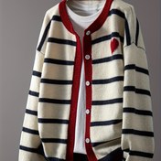 Resim Kadınlar için Rahat Düğmeli Yaka - Uzun Kollu, Bej & Kırmızı Çizgili Tasarım, Yuvarlak Yaka, Düğme Önü, Sonbahar/Kış için Hafif ve Rahat, Hafif Yaka | Çizgili Yaka | Dokulu 