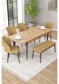 Resim Arel Meşe 80x132 Açılabilir Mdf Masa Yemek Odası Takımı, Mutfak Takımı 4 Adet Sandalye, 1 Bench Meşe Masa - 4+1 Cappuccino - Ceviz Ayak 