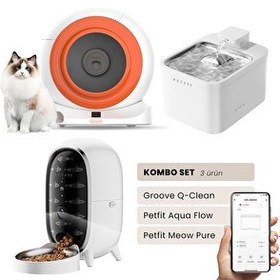 Resim Groove Q-Clean Otomatik Kedi Tuvaleti Turuncu - Petfit Aqua Flow Akıllı Su Pınarı Çeşmesi - Petfit Meow Pure Otomatik Mama Kabı 