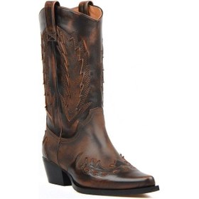 Resim Kahverengi Deri Kadın Kovboy Çizmesi (Kızıl) 