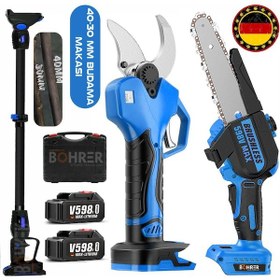 Resim Böhrer Alman Pro 40-30 MM Çift Kademe Çift Akü V258 Yağlı Budama Makası + Budama Testeresi Seti 2'li 