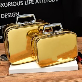 Resim Geniş Kapasiteli Lüks Sert Kabuklu Makyaj Seyahat Çantası, Kadınlar için Taşınabilir Simli Saklama Kutusu, PU Malzeme, Düz Yatay Düzenleyici Valiz İçine Sığar, Flaş, Saklama Çantası 