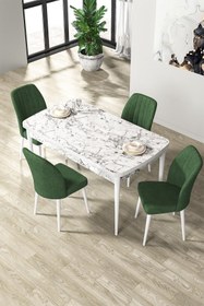 Resim Canisa Par Serisi 70x114, Açılabilir Mdf Yemek Masası Beyaz Mermer Masa Ve 4 Haki Yeşili Sandalye Takımı 