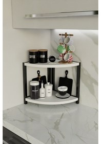 Resim İki Raflı Mutfak Köşe Oval Düzenleyici Raf Metal Gövdeli Çok Amaçlı Mutfak Standı Baharatlık Beyaz 