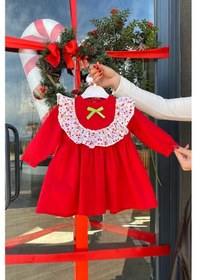 Resim Çiçekli Fırfır Ve Kurdele Detaylı Cici Kız Çocuk Bebek Bayram Doğum Günü Kırmızı Elbise 001 