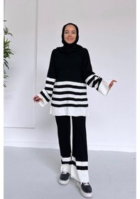 Resim Kahijab Çift Renk Çizgili Triko Takım - Siyah 
