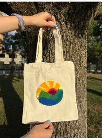 Resim Bolergıashop Amanecer Tasarım Canvas Omuz Çantası Bej - Kırmızı Punch İşleme 