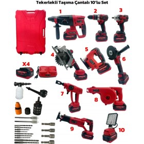 Resim Haktaş Yeni Nesil Kırmızı 10'lu Profesyonel Şarjlı El Aletleri Seti | Full Aksesuar | 4 Batarya 2 Şarj Alet 