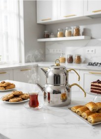Resim Gökdil Valeriya Indüksiyon Tabanlı Aile Boy Çaydanlık Takımı Gold Kulp Gümüş 