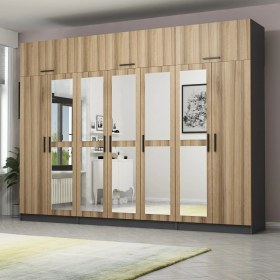 Resim Minar Kale 7 Kapaklı 5 Aynalı 2 Çekmeceli Dolap ve Yüklük Antrasit Dore 190 cm 