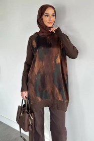 Resim Gülseli Yan Fermuar Detaylı İpek Kübra Kumaş Tesettür Triko Tunik Kahve TZL-P-00020680 