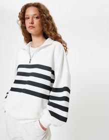 Resim Oversize Sweatshirt Yarım Fermuarlı Şerit Detaylı Uzun Kollu Şardonlu 