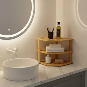 Resim 3 Katlı Doğal Bambu Köşe Rafı - Tezgah Üstü Mutfak ve Banyo Düzenleyici | Baharatlık, Kavanoz ve Dekoratif Rafı (24.5X24.5X23 Cm) 